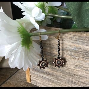 Earrings, Black and Gold,  1 3/4 dangle,beaded.